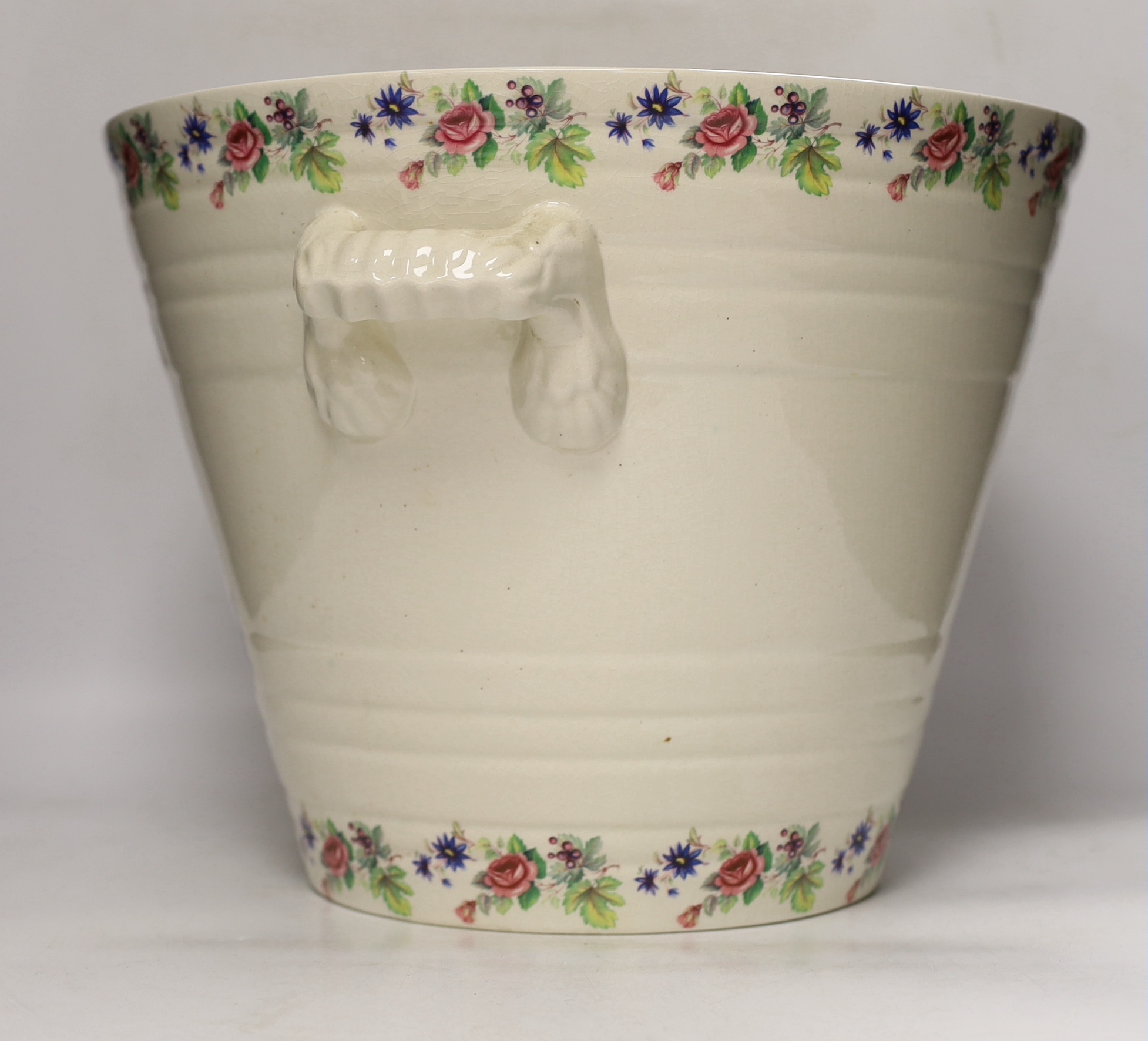 A transfer printed glazed pottery Pure Milk two handled advertising pail, 28cm high x 37cm diameter